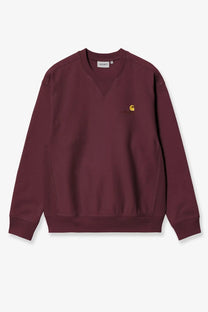 Maroon Carhartt Wip men’s American script cotton sweatshirt with yellow embroidered logo on the chest