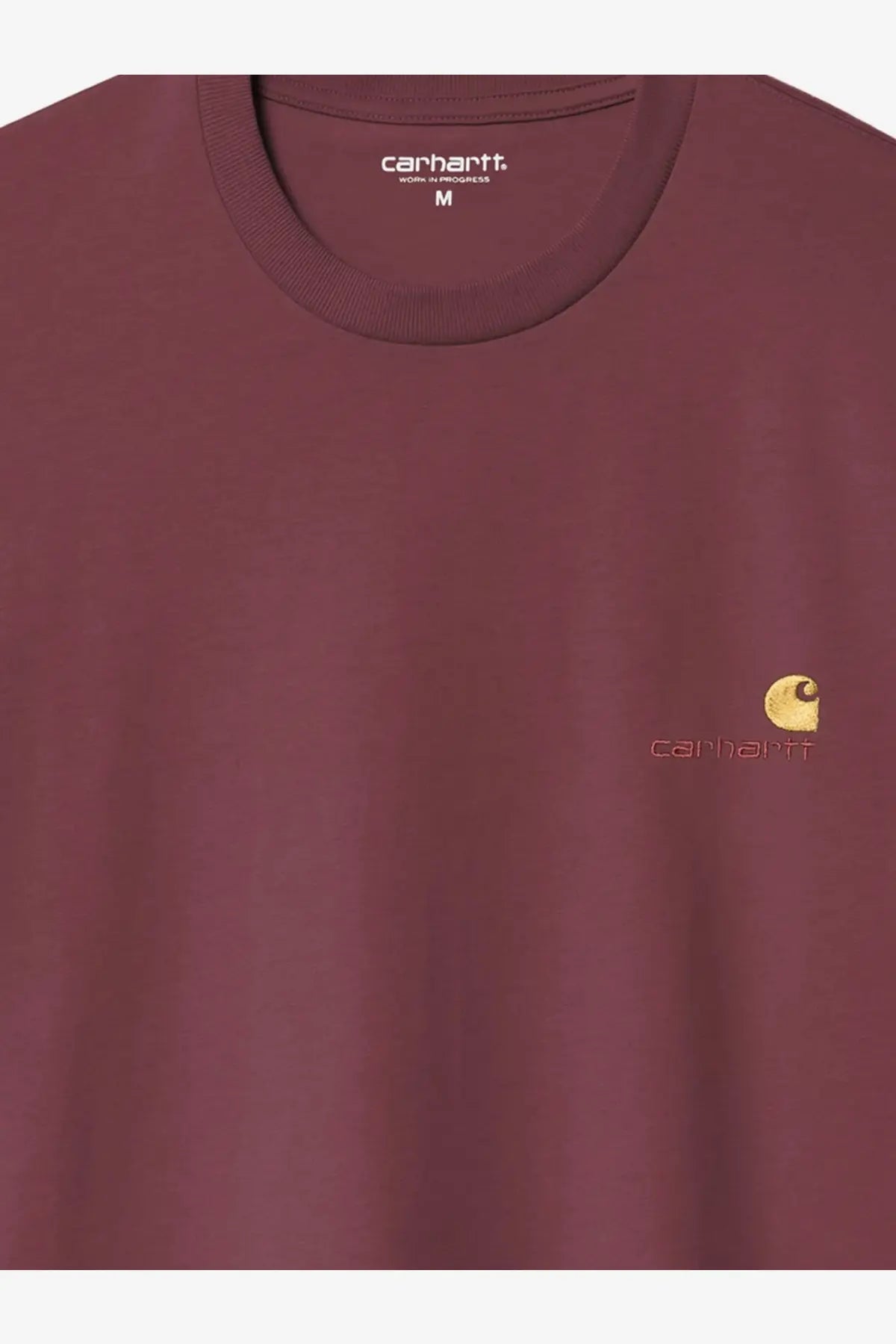 A maroon Carhartt Wip men’s American Script organic cotton crewneck t-shirt with gold embroidered logo on chest