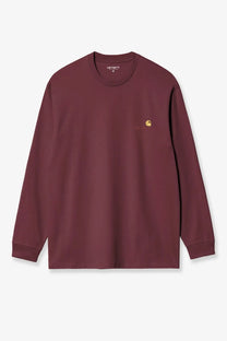 Maroon carhartt wip men’s long-sleeve organic cotton crew neck shirt with small gold logo on left chest