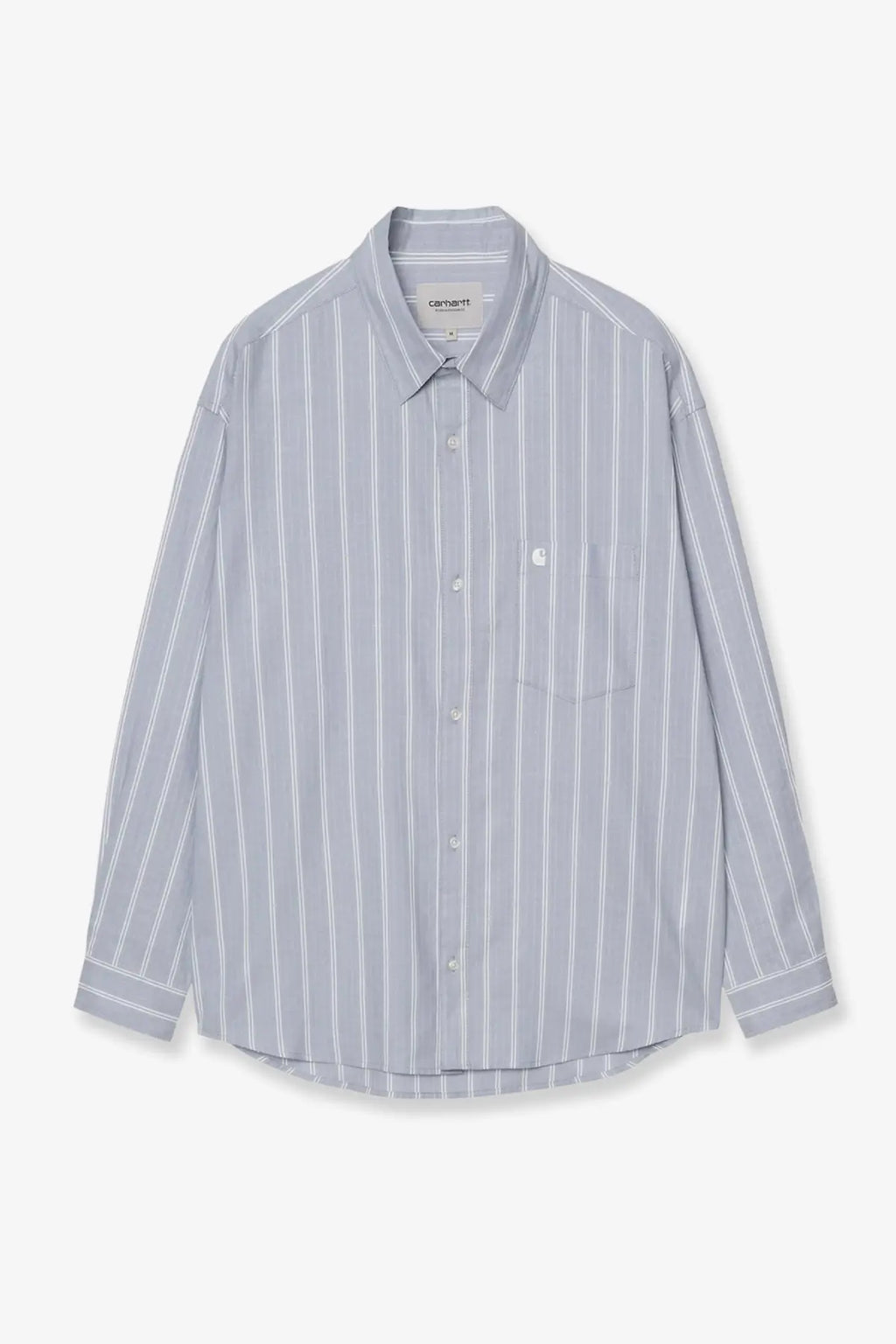Carhartt Wip men’s beale striped cotton shirt in light gray and white vertical stripes with chest logo patch
