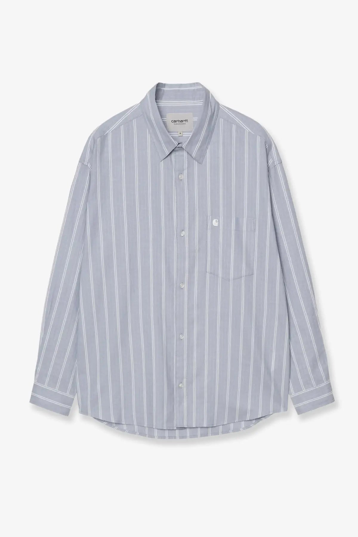 Carhartt Wip men’s beale striped cotton shirt in light gray and white vertical stripes with chest logo patch