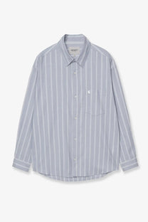 Carhartt Wip men’s beale striped cotton shirt in light gray and white vertical stripes with chest logo patch