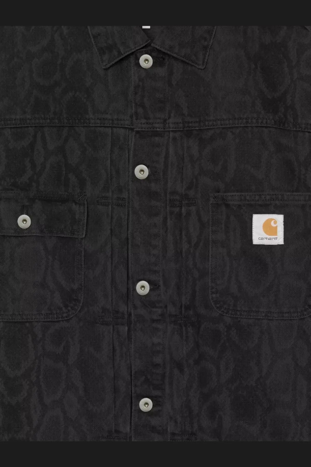 Carhartt wip men’s belmar black denim jacket with subtle camouflage pattern and silver toned buttons