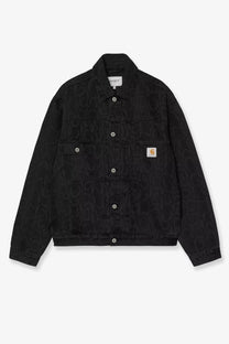 Carhartt Wip men’s Belmar black denim jacket with subtle embossed pattern and silver-toned buttons