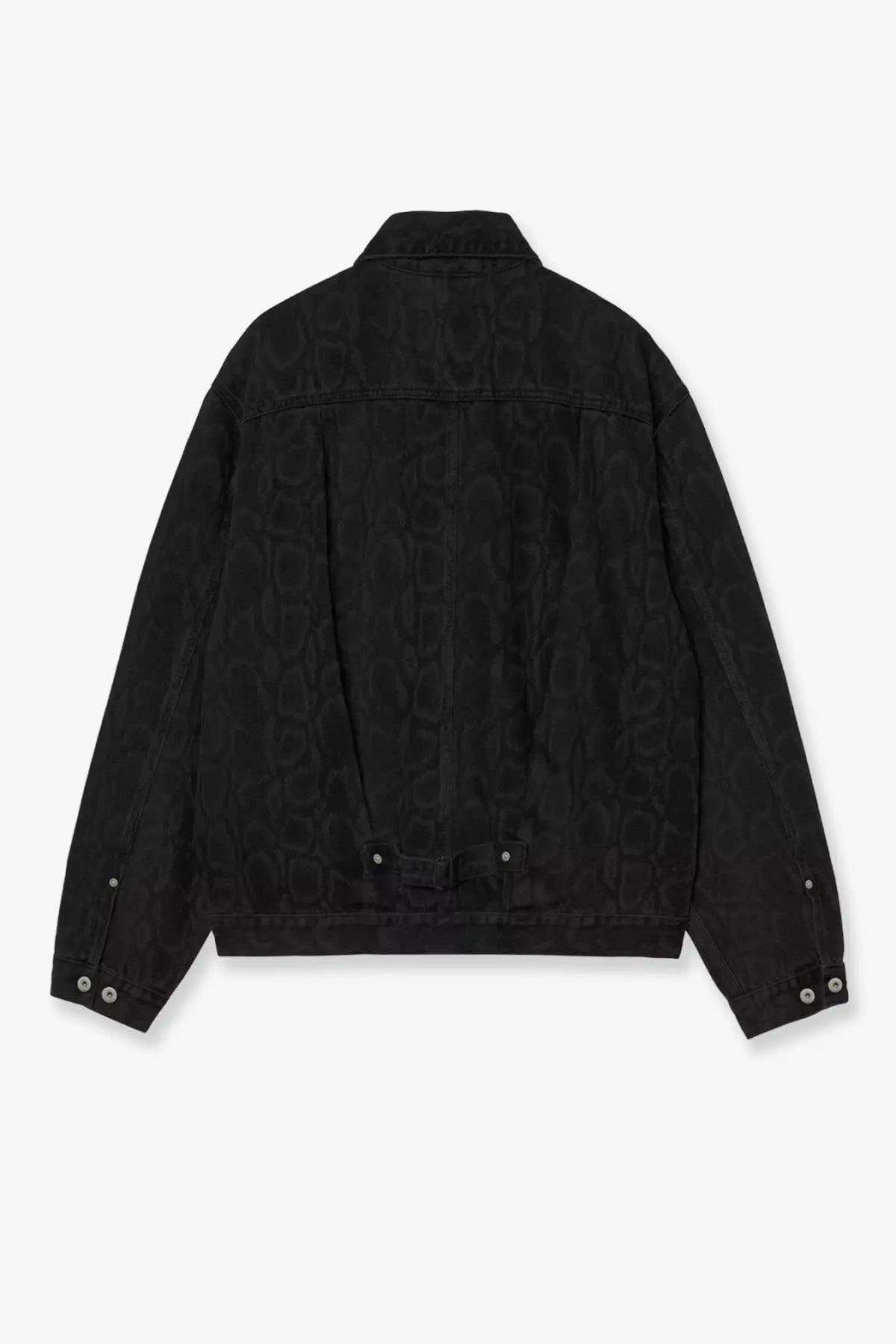 Carhartt wip men’s belmar black denim jacket with subtle snake print pattern and green accents