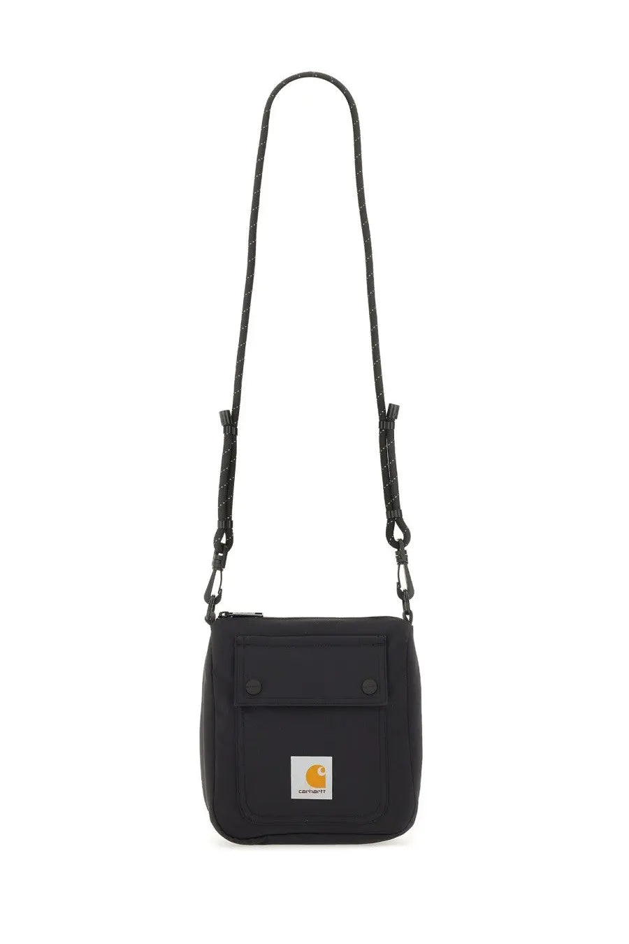 Black Carhartt Wip men’s Bowden shoulder bag with textured fabric body and adjustable strap with white stitching details