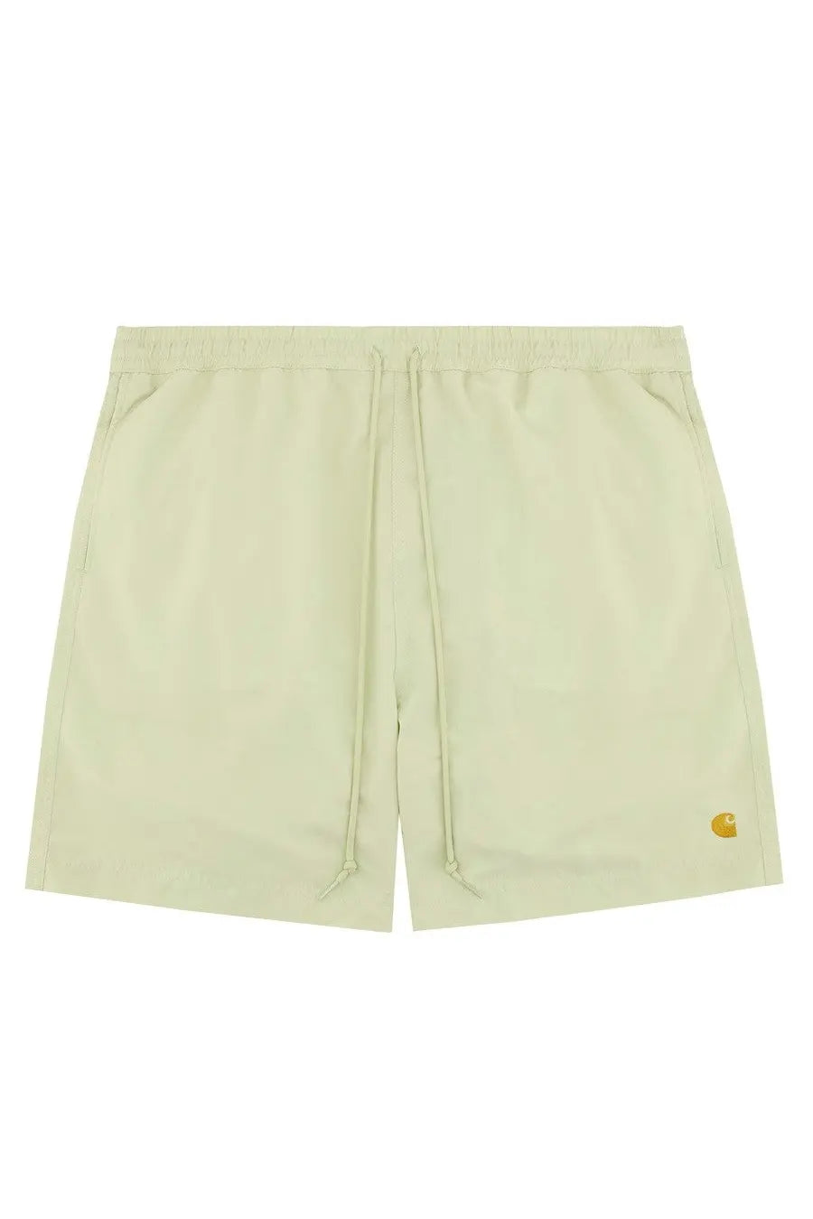 Light green carhartt wip men’s boxer swimsuit with drawstring shorts and small yellow logo on lower right leg