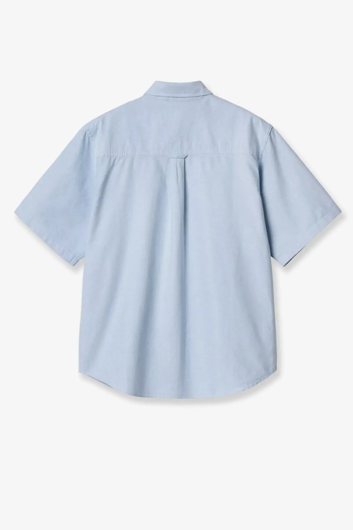 Light blue short-sleeved carhartt wip men’s braxton cotton shirt with classic collar and back pleat shown from the back
