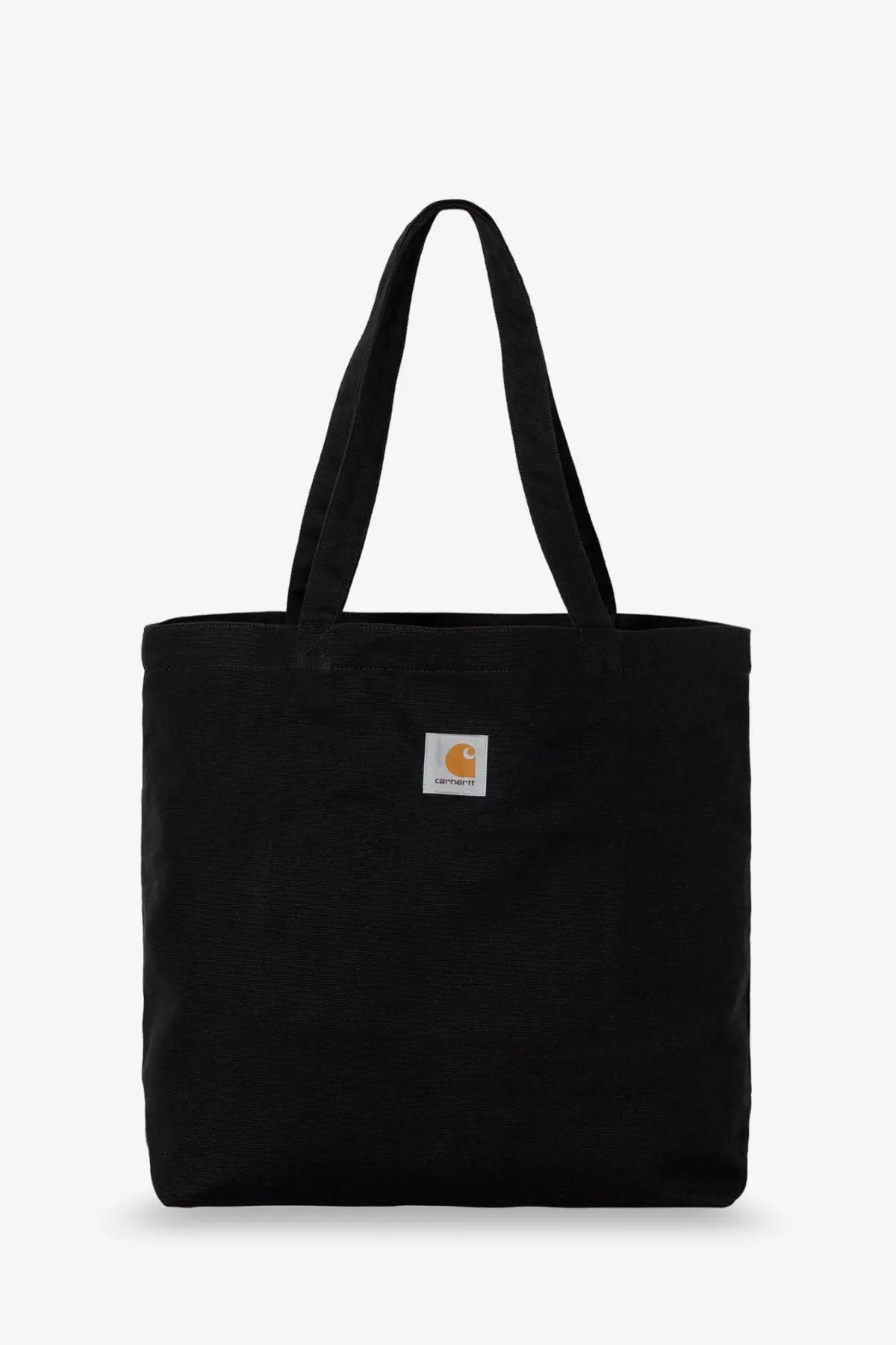 Carhartt Wip men’s black canvas tote bag with small white logo patch on the front made from durable canvas