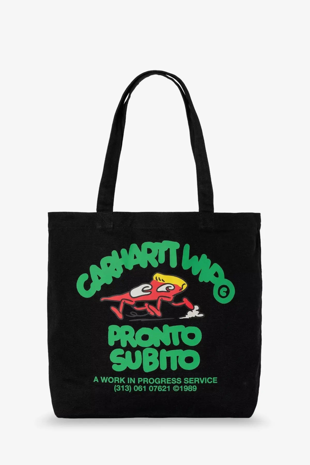 Black Carhartt Wip men’s canvas tote bag with vibrant green graphic of red cartoon car and pronto subito text