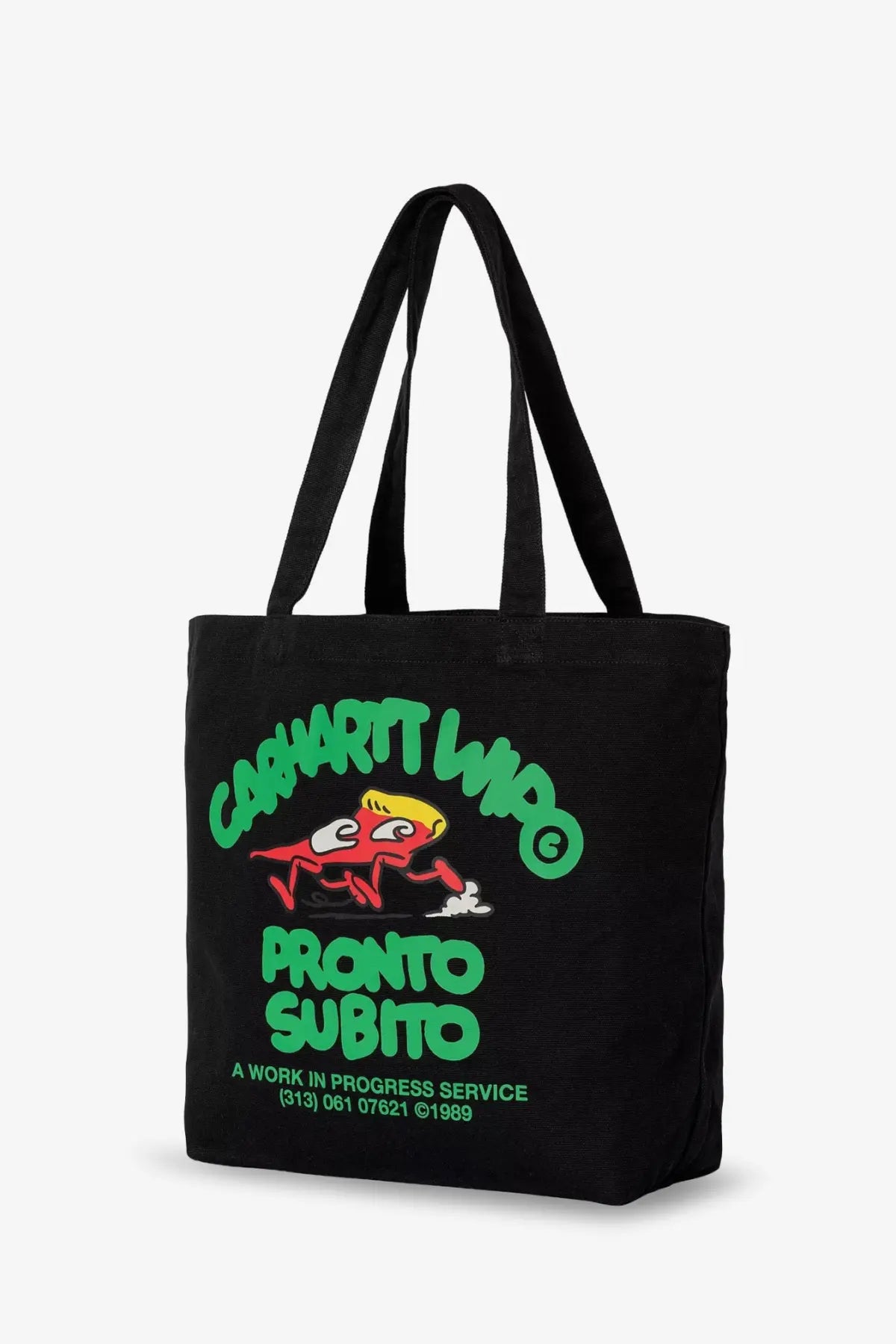 Black canvas tote bag featuring a vibrant green graphic of a red crab with yellow hair and carhartt wip text