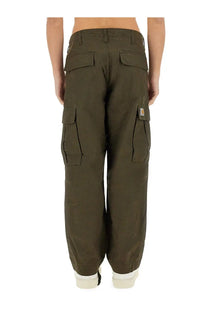 Carhartt Wip men’s olive green cargo pants with multiple pockets and Carhartt logo patch on the thigh