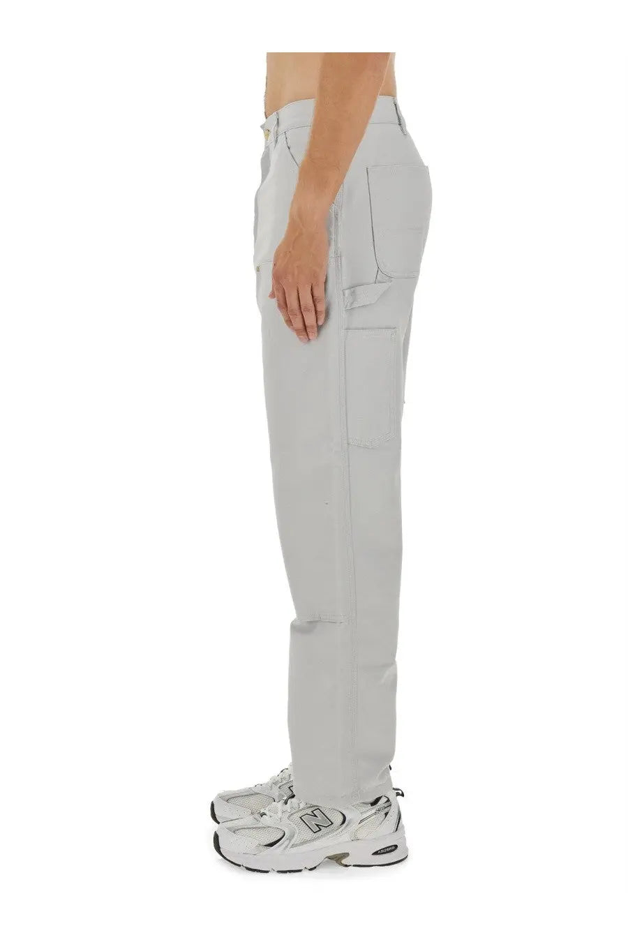 Carhartt Wip men’s light gray cargo pants with multiple pockets and straight-leg cut for casual wear