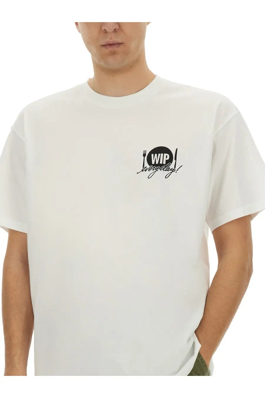 White cotton Carhartt Wip men’s t-shirt with black embroidered wip everyday logo and fork and knife graphics