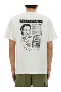 White Carhartt WIP men’s catalogue shirt with black vintage diner menu graphic print on cotton fabric
