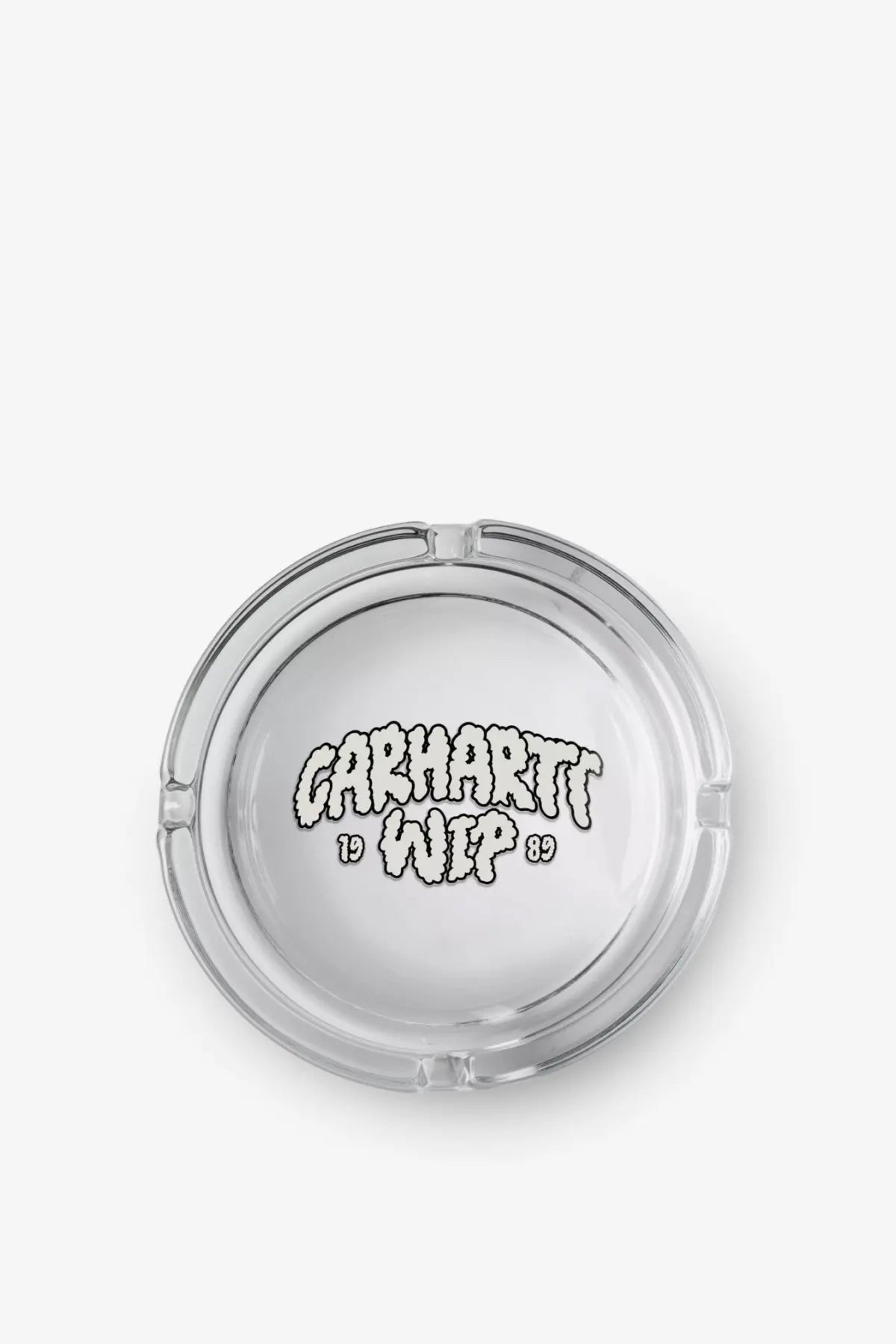 Clear glass Carhartt Wip men’s ashtray with white stylized Carhartt 19 Wip 89 logo for smoking accessories