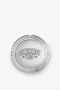 Clear glass Carhartt Wip men’s ashtray with white stylized Carhartt 19 Wip 89 logo for smoking accessories