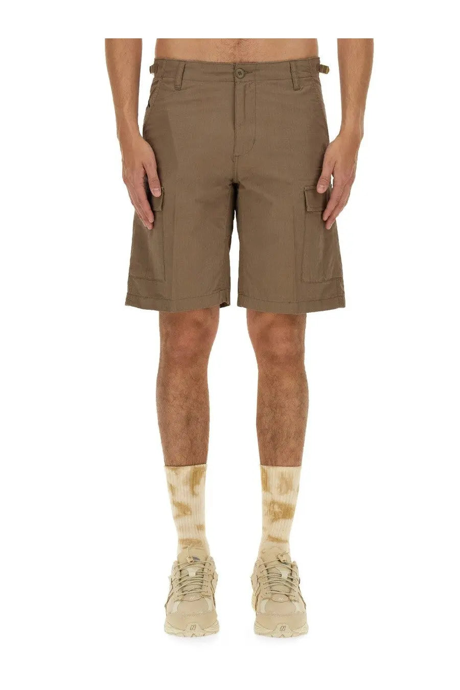 Carhartt wip men’s cotton bermuda shorts beige with tan color multiple cargo pockets and button closure