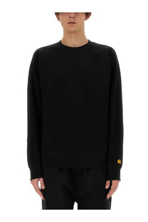 Carhartt Wip men’s black cotton chase sweatshirt with a small yellow logo on the left sleeve