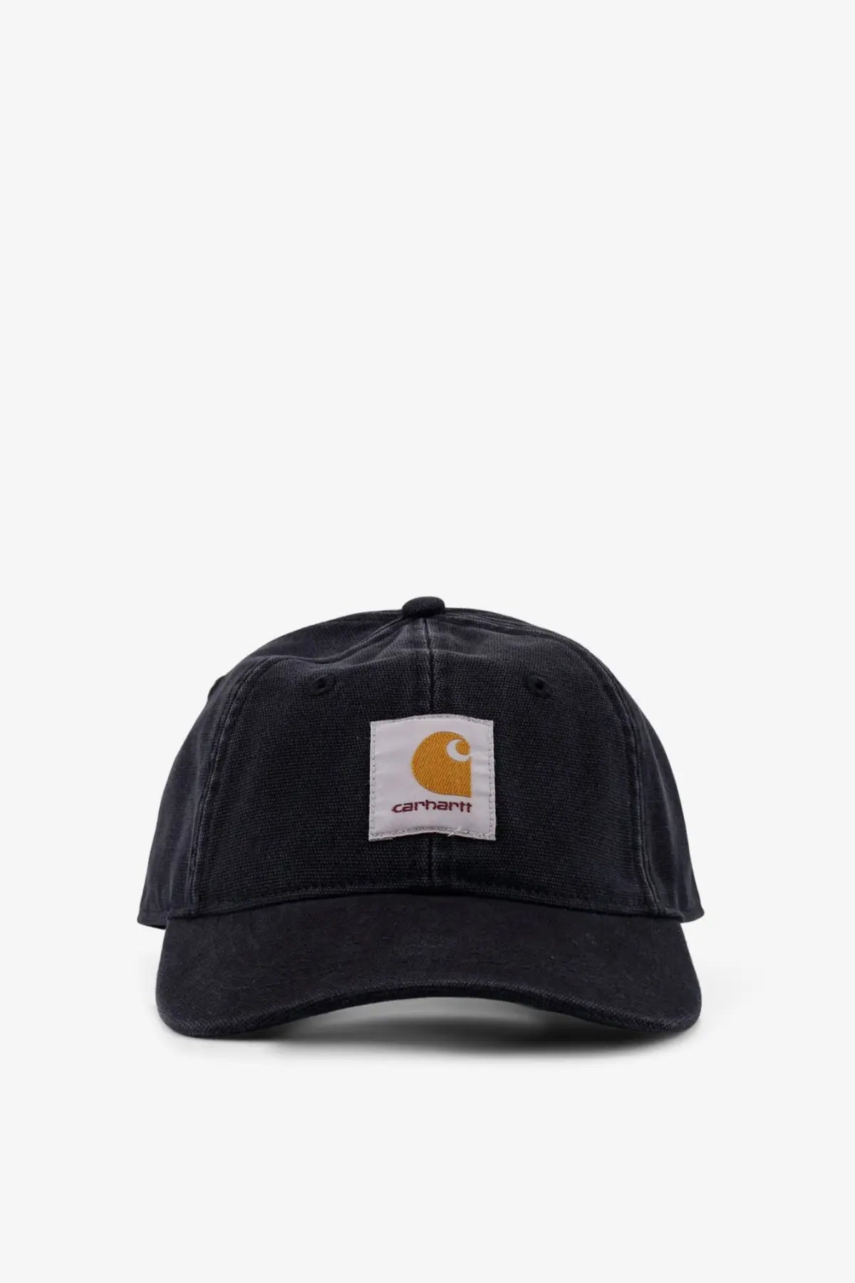Carhartt Wip men’s black cotton baseball cap with white patch featuring orange logo and brand name