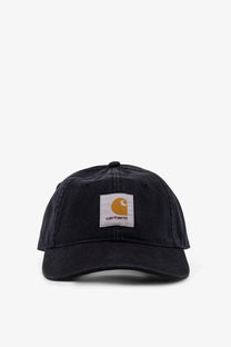 Carhartt Wip men’s black cotton baseball cap with white patch featuring orange logo and brand name