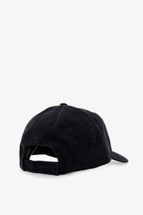 Black carhartt wip men’s cotton hat with structured slightly worn fabric and adjustable strap shown from back side