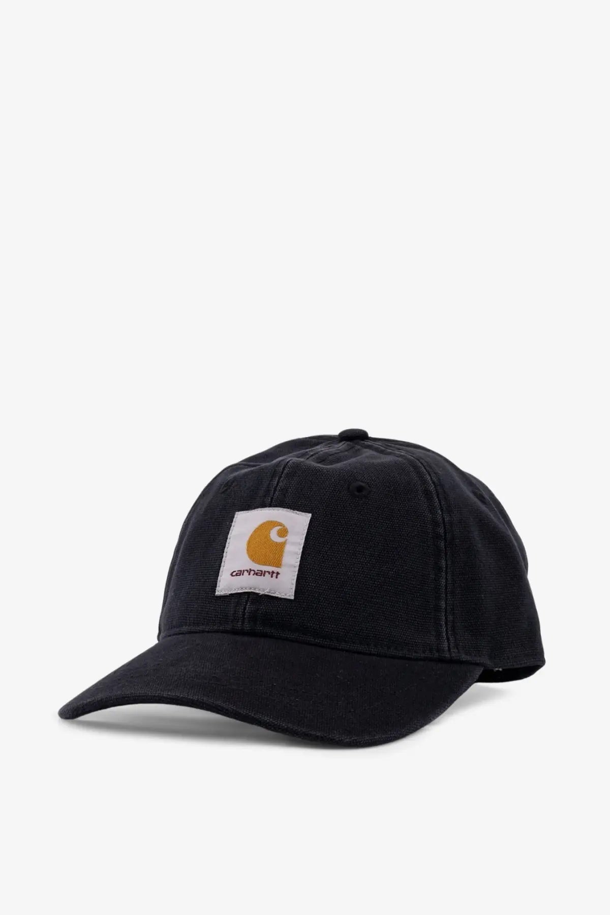 Black Carhartt Wip men’s cotton hat featuring a white patch with the brand’s orange logo on the front