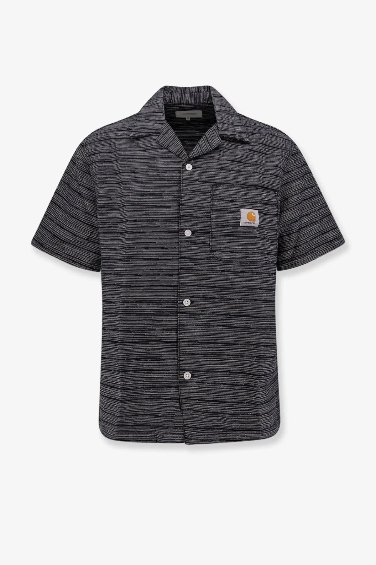 Carhartt Wip men’s black cotton shirt with white stripes short sleeves and Carhartt logo patch on the chest