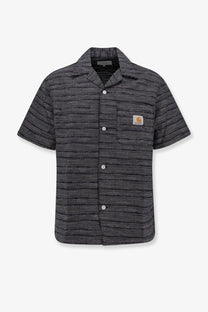 Carhartt Wip men’s black cotton shirt with white stripes short sleeves and Carhartt logo patch on the chest