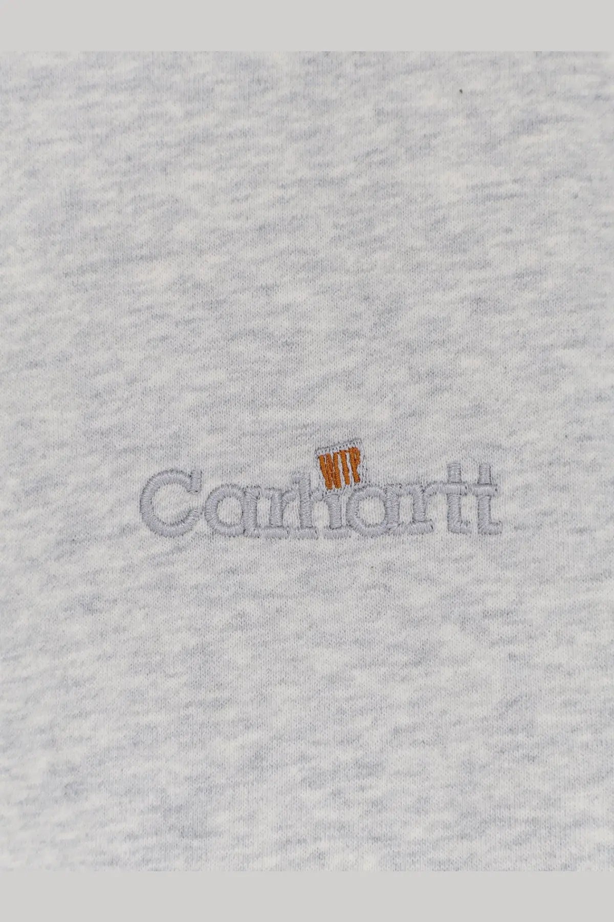 Carhartt Wip men’s grey heathered cotton sweatshirt with orange embroidered wtf logo above brand name