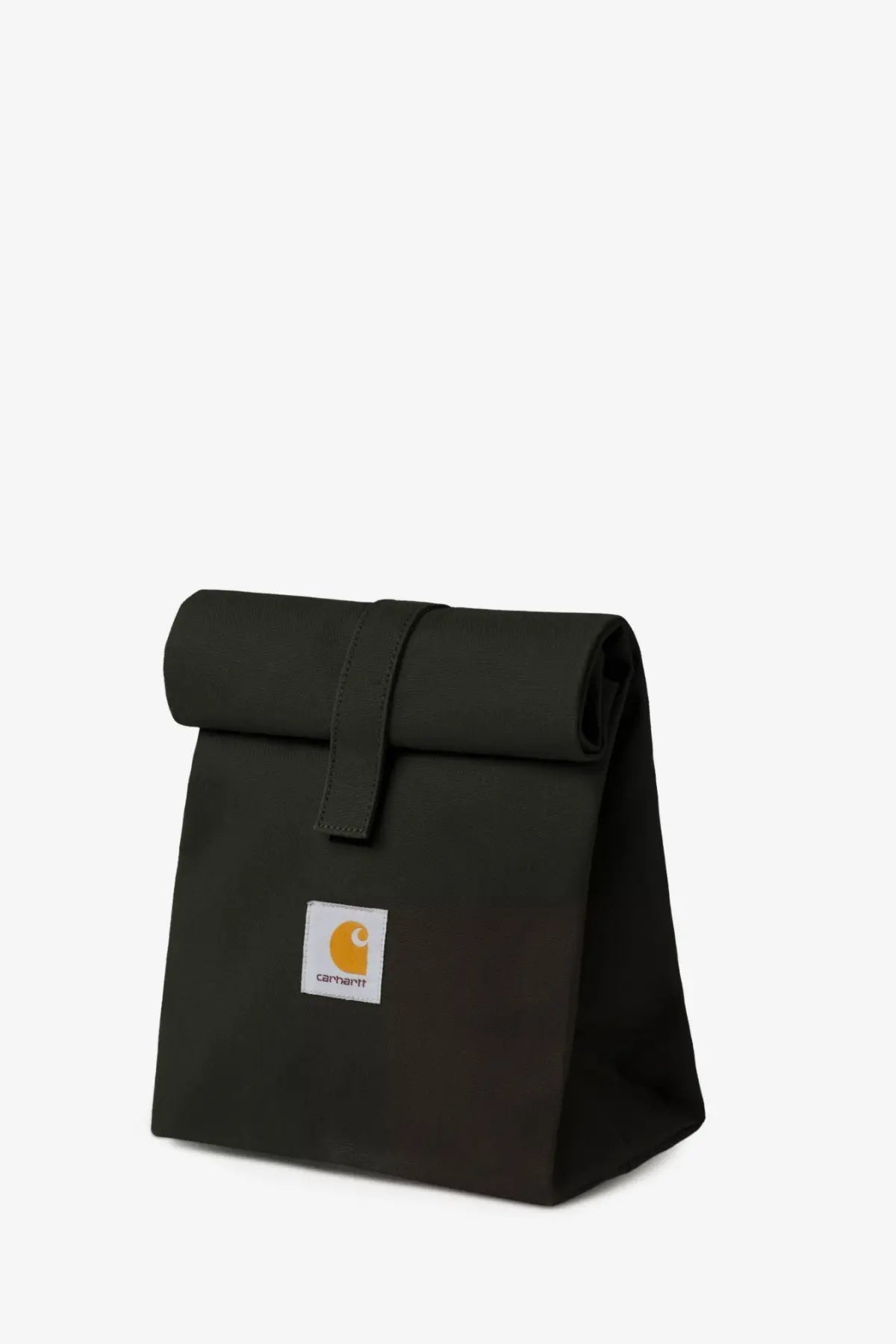 Black carhartt roll-top lunch bag with white logo patch and orange emblem designed for durable everyday use