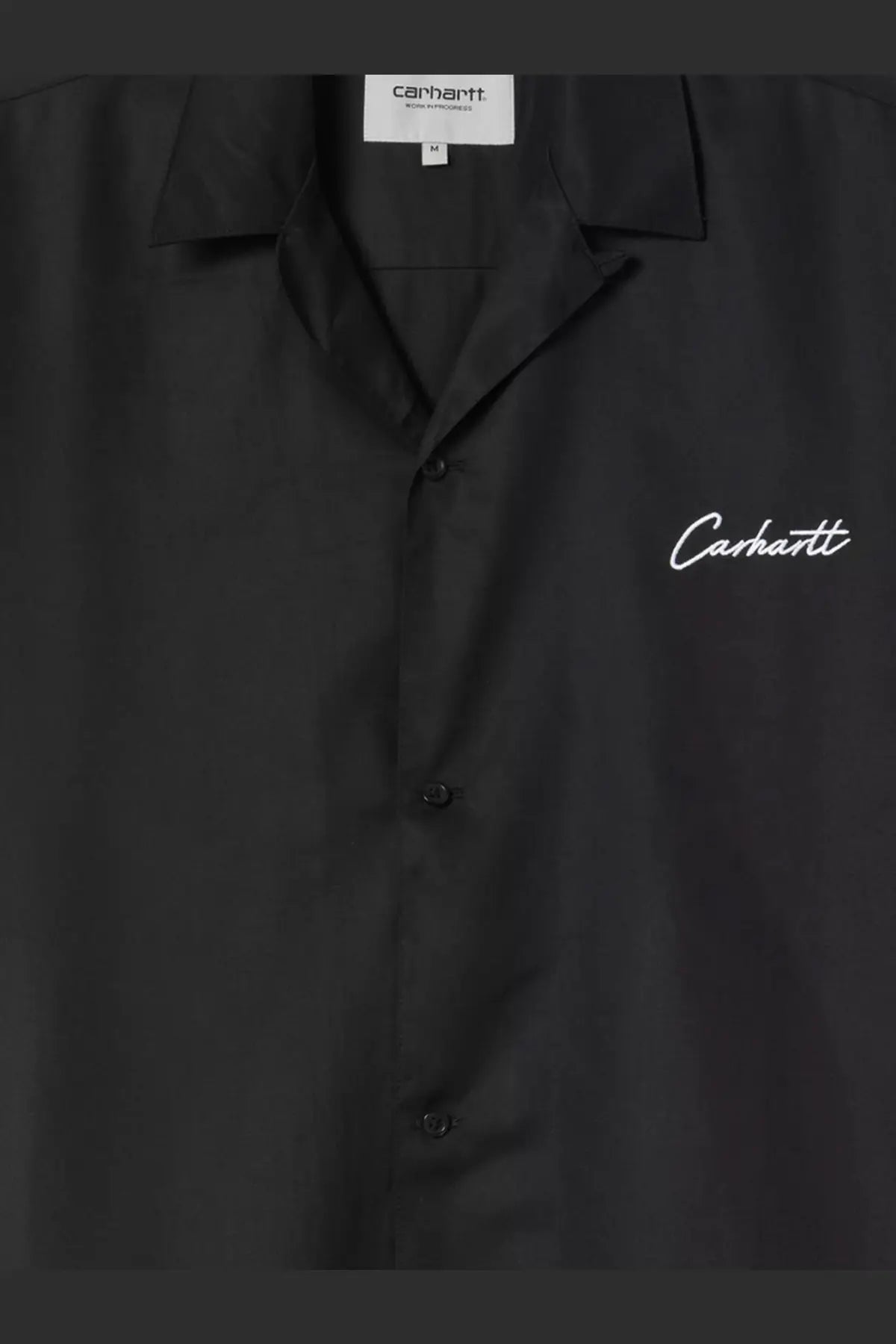 Black carhartt wip men’s delray button-up shirt with white embroidered logo in tencel and cotton blend