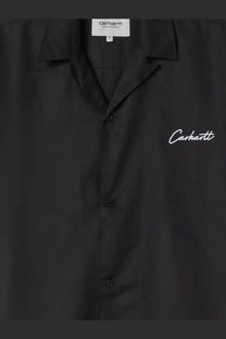 Black carhartt wip men’s delray button-up shirt with white embroidered logo in tencel and cotton blend