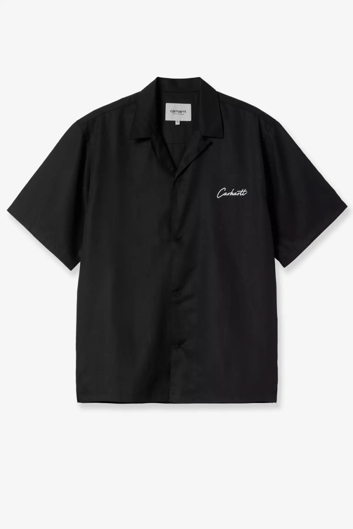 Black Carhartt Wip men’s delray short-sleeved shirt with white embroidered logo made of Tencel and cotton