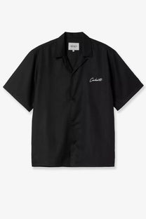 Black Carhartt Wip men’s delray short-sleeved shirt with white embroidered logo made of Tencel and cotton