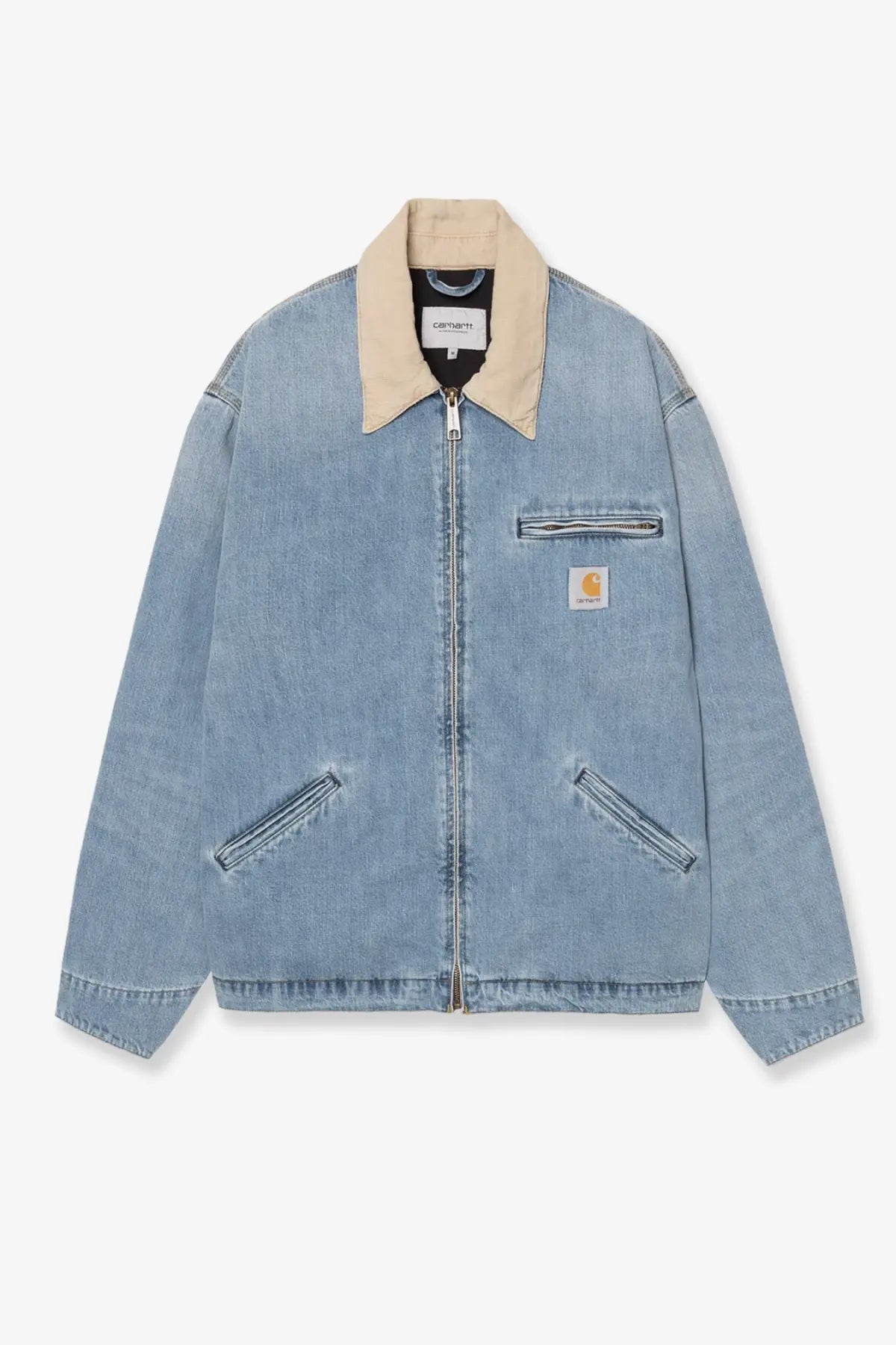 Carhartt Wip men’s Detroit light-wash denim jacket with tan collar and chest patch in blue
