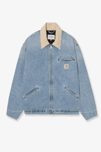 Carhartt Wip men’s Detroit light-wash denim jacket with tan collar and chest patch in blue