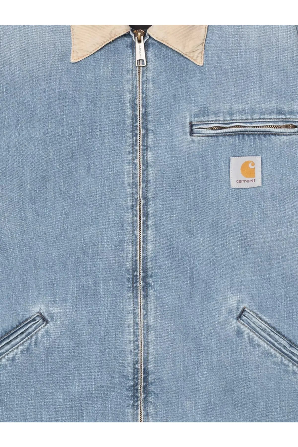 Carhartt Wip men’s Detroit denim jacket in light wash blue with tan collar and zipper featuring Carhartt logo patch