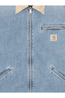 Carhartt Wip men’s Detroit denim jacket in light wash blue with tan collar and zipper featuring Carhartt logo patch