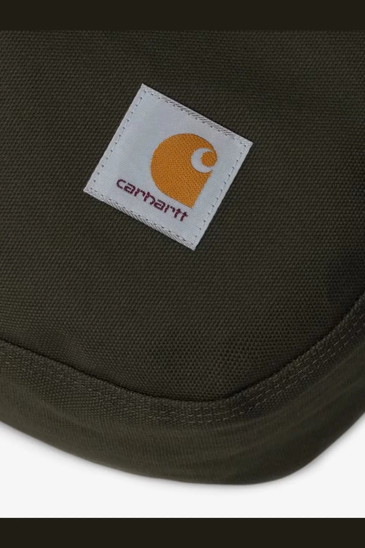 Olive green Carhartt Wip men’s dog bed Dearborn canvas cushion with white label and orange logo stitched edge