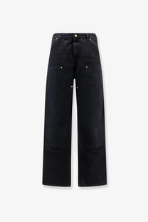 Carhartt Wip men’s double knee denim trousers black with reinforced stitching gold tone hardware and wide leg fit