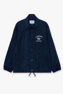 Navy blue carhartt wip men’s eighty nine coach nylon jacket with white embroidered logo and button closures