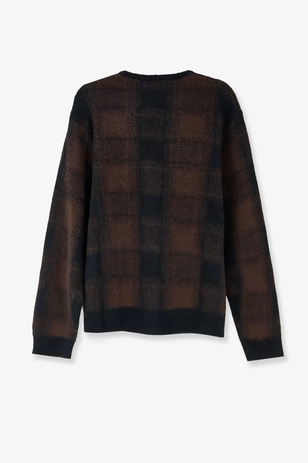 Carhartt Wip men’s Everson alpaca blend cardigan in black with a cozy brown and black plaid textured knit finish