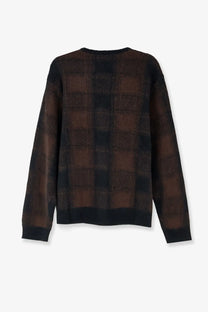 Carhartt Wip men’s Everson alpaca blend cardigan in black with a cozy brown and black plaid textured knit finish