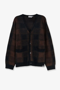 Carhartt Wip men’s Everson alpaca blend cardigan in dark brown and black plaid with v-neck and ribbed cuffs