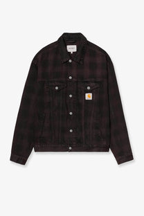 Carhartt Wip men’s everson denim jacket in black with dark maroon plaid, silver buttons, and yellow logo patch