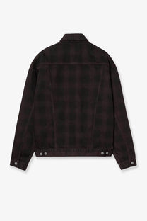 Carhartt Wip men’s Everson dark plaid black denim jacket with classic collar and buttoned cuffs