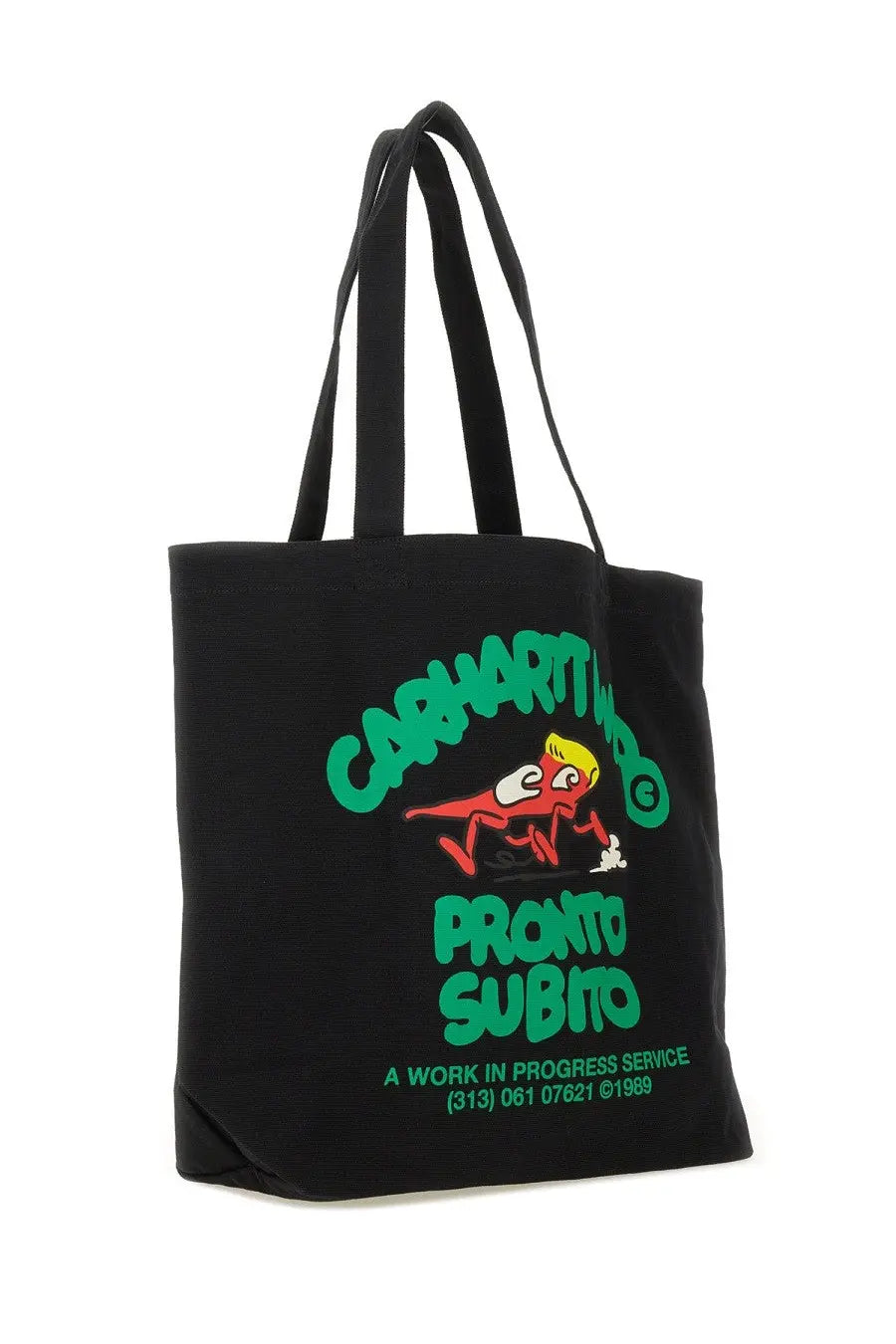 Carhartt Wip men’s black canvas tote bag with vibrant green logo and colorful red yellow white cartoon graphic