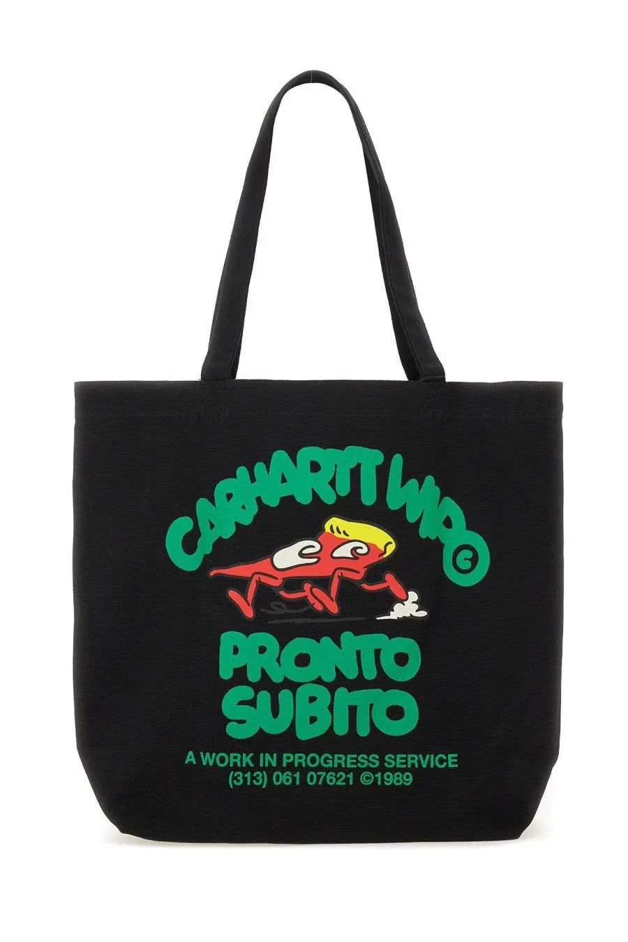 Black canvas tote bag featuring vibrant green and red cartoon car graphic with carhartt wip and pronto subito text
