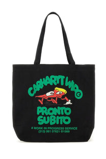 Black canvas tote bag featuring vibrant green and red cartoon car graphic with carhartt wip and pronto subito text